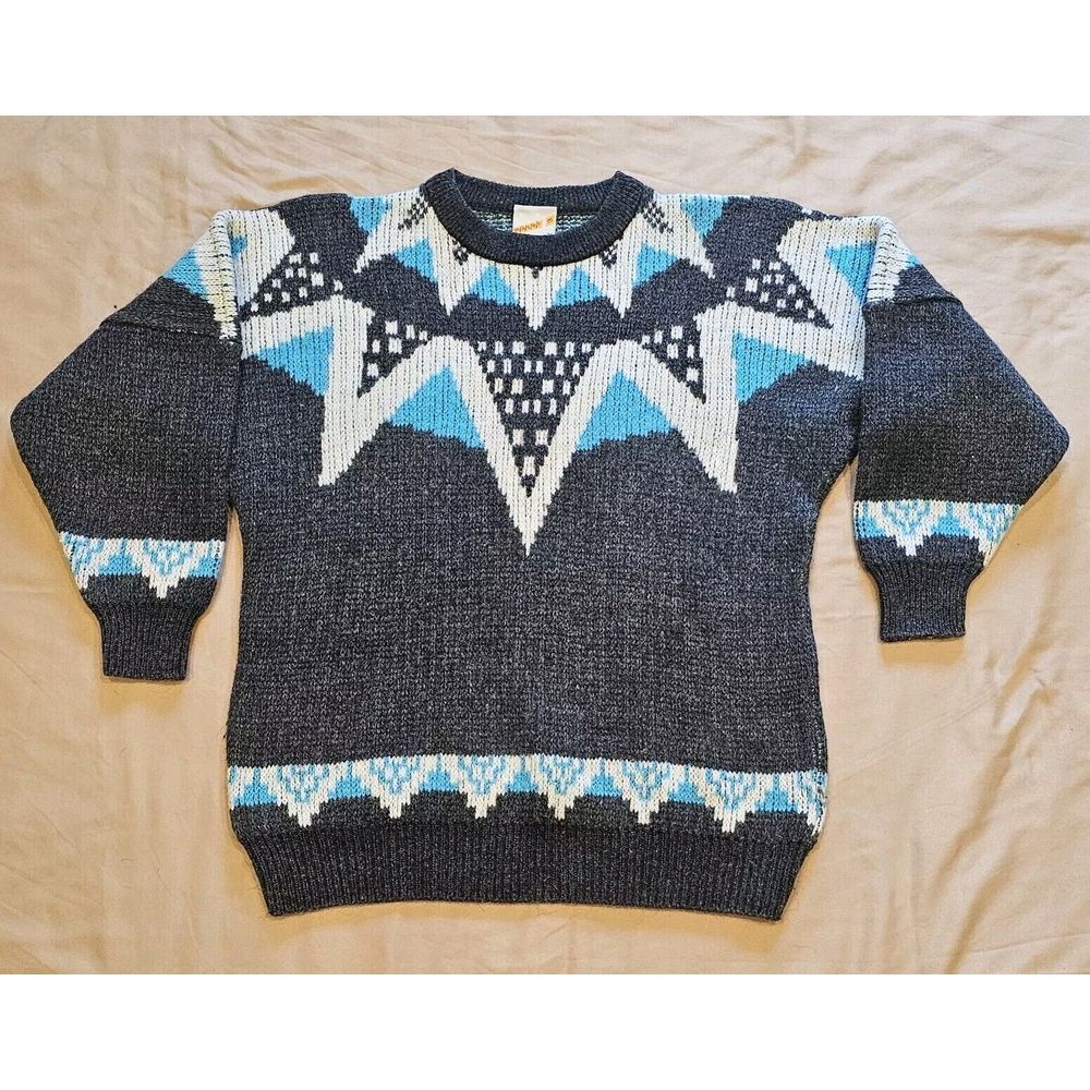 Vintage 90s Maser Black Blue Wool Blend Abstract Print Sweater Medium‎
